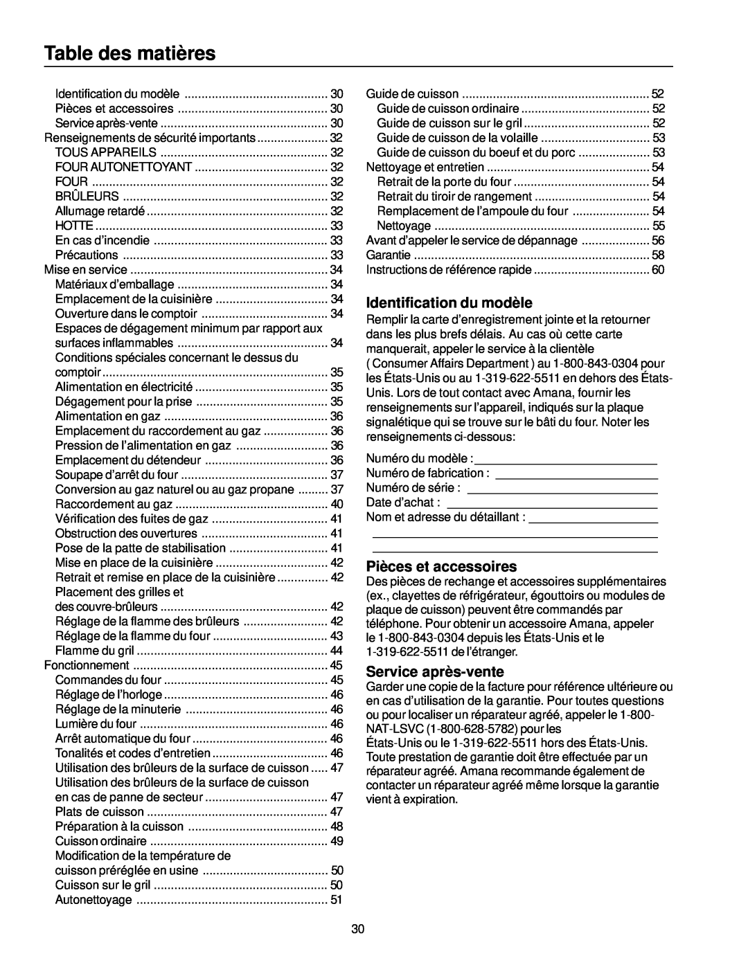 Amana ARG7302 manual Table des matières, Identification du modèle, Pièces et accessoires, Service après-vente 