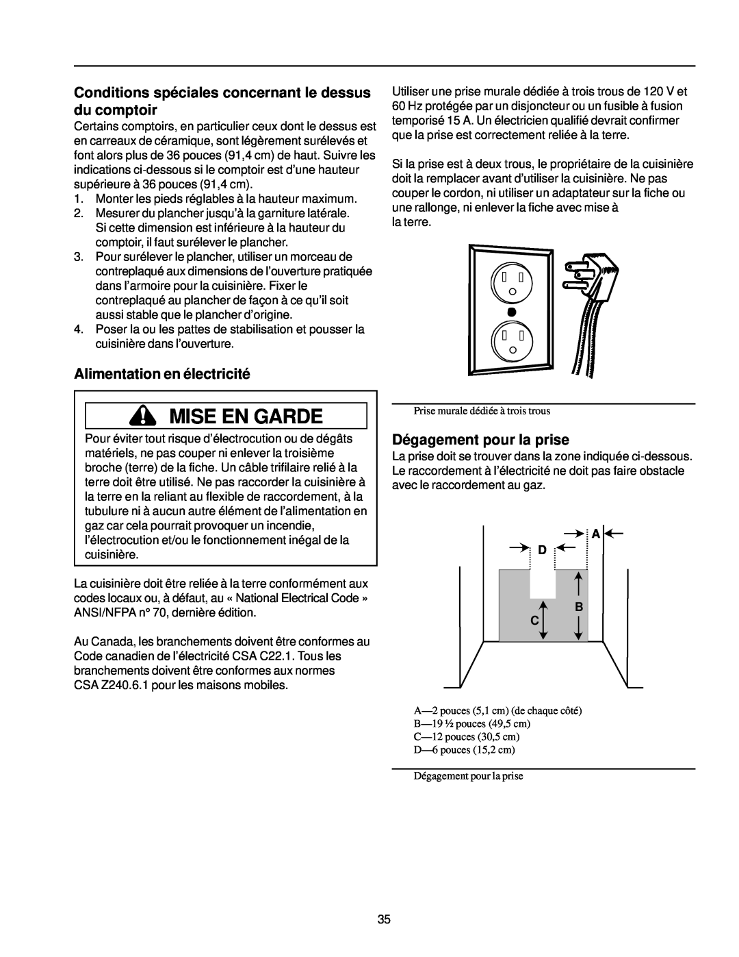 Amana ARG7302 Conditions spéciales concernant le dessus du comptoir, Alimentation en électricité, Dégagement pour la prise 