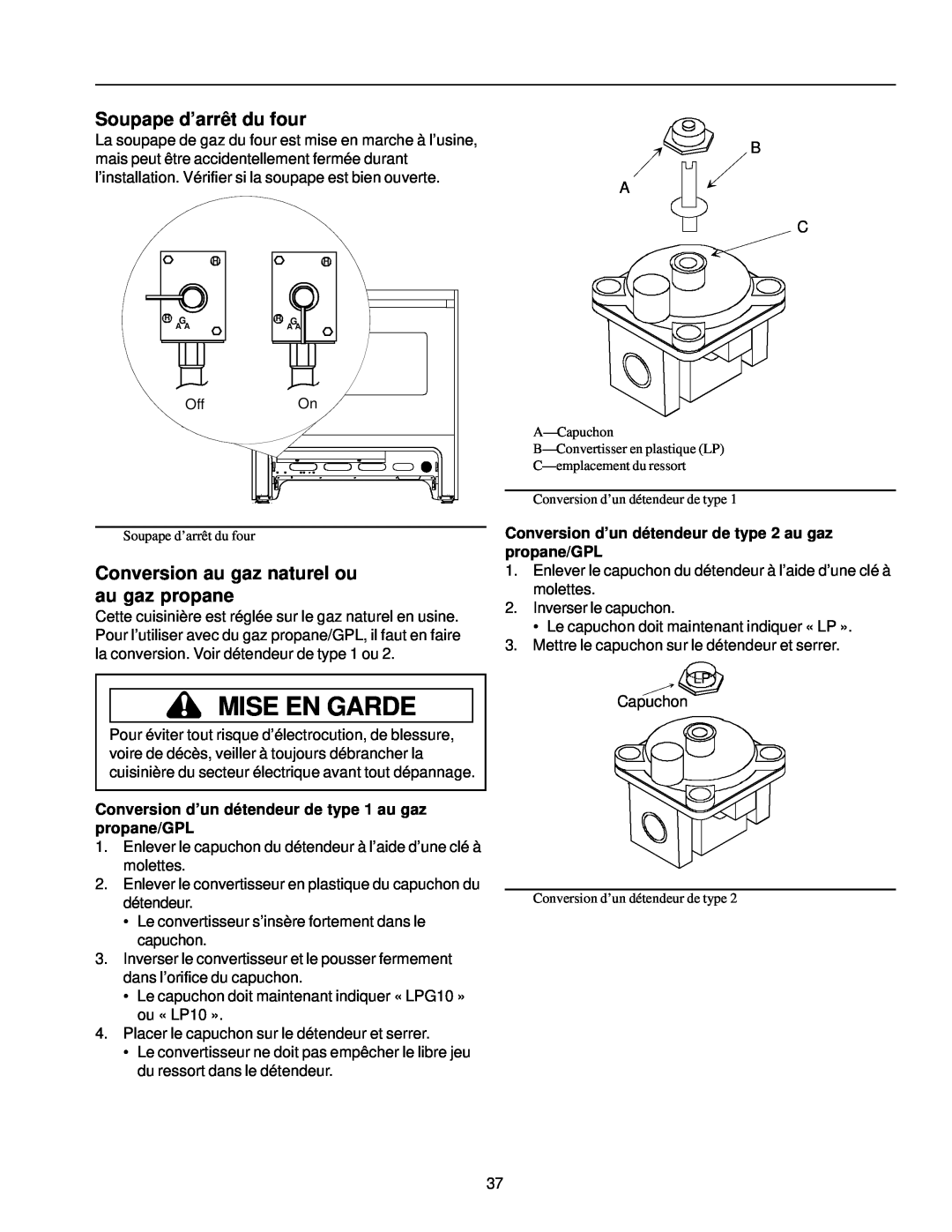 Amana ARG7302 manual Soupape d’arrêt du four, Conversion au gaz naturel ou au gaz propane, Mise En Garde 