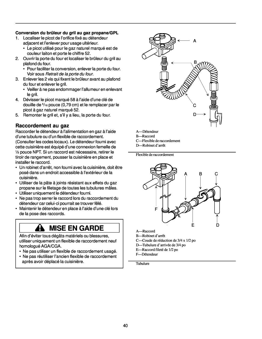 Amana ARG7302 manual Raccordement au gaz, Mise En Garde, Conversion du brûleur du gril au gaz propane/GPL, Tubulure 