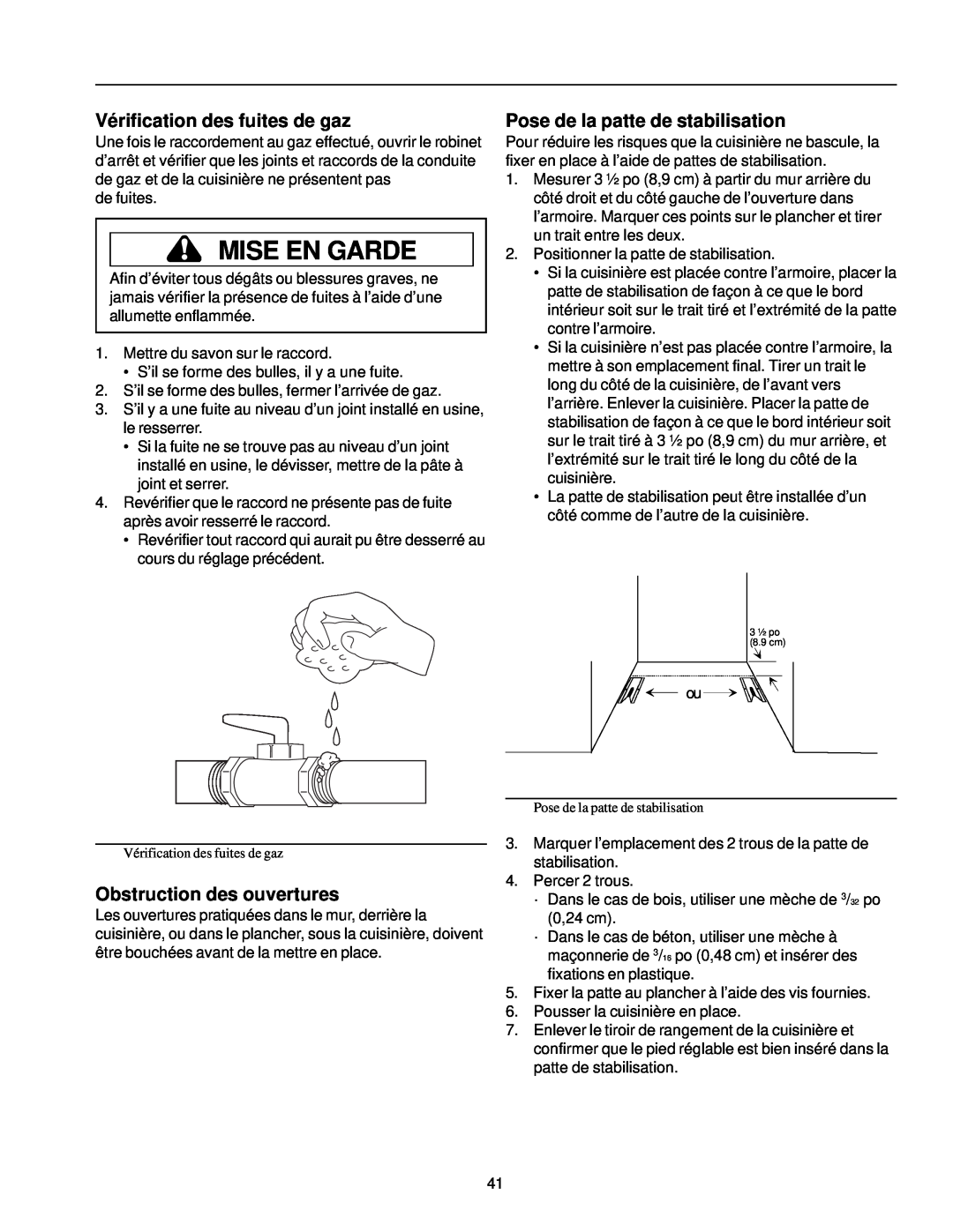 Amana ARG7302 Vérification des fuites de gaz, Pose de la patte de stabilisation, Obstruction des ouvertures, Mise En Garde 