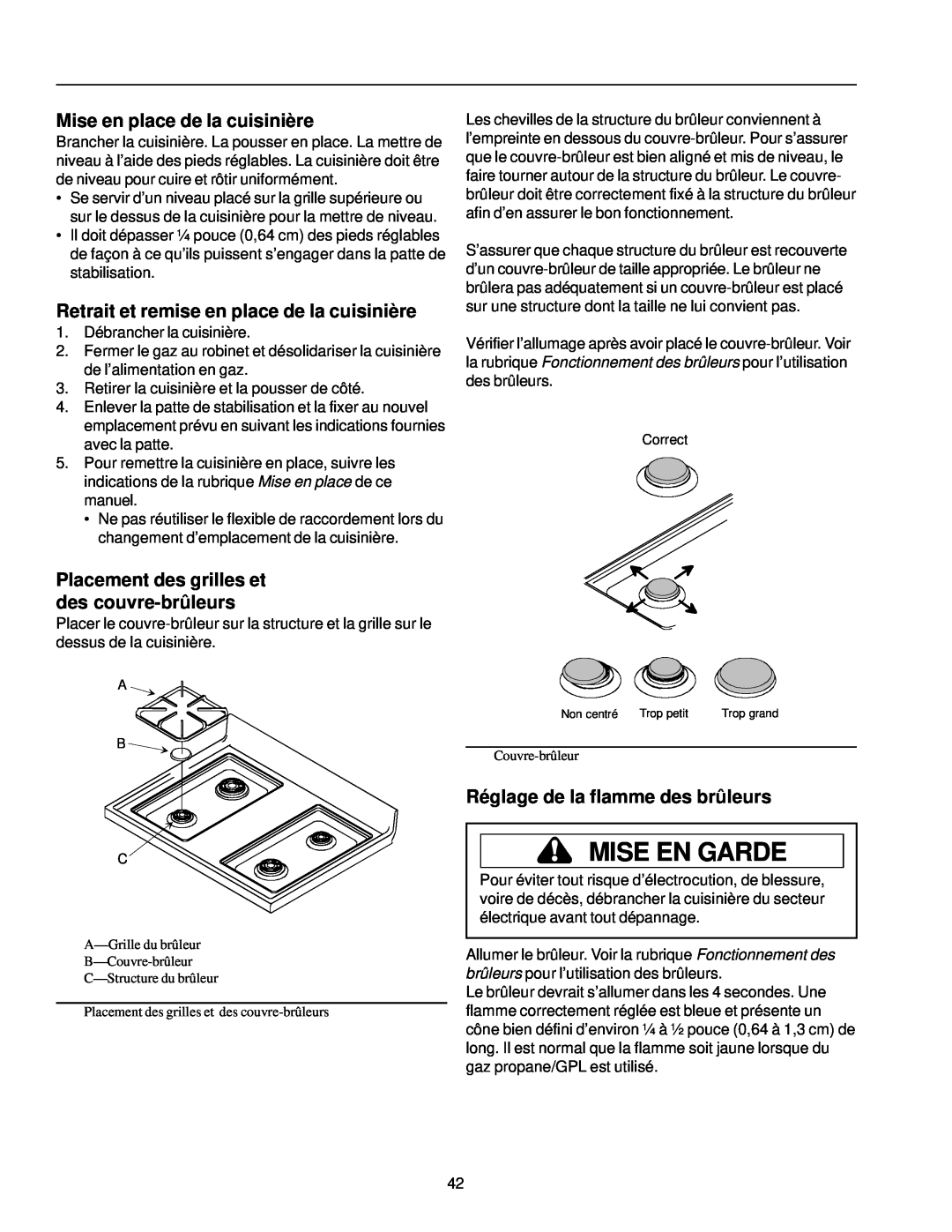 Amana ARG7302 manual Mise en place de la cuisinière, Retrait et remise en place de la cuisinière, Mise En Garde 