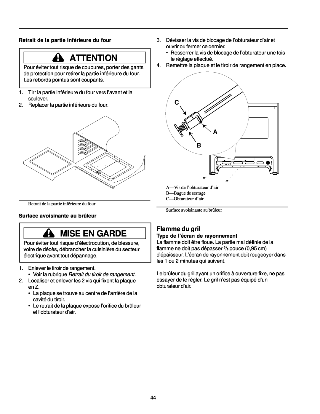 Amana ARG7302 manual Flamme du gril, Retrait de la partie inférieure du four, Surface avoisinante au brûleur, Mise En Garde 