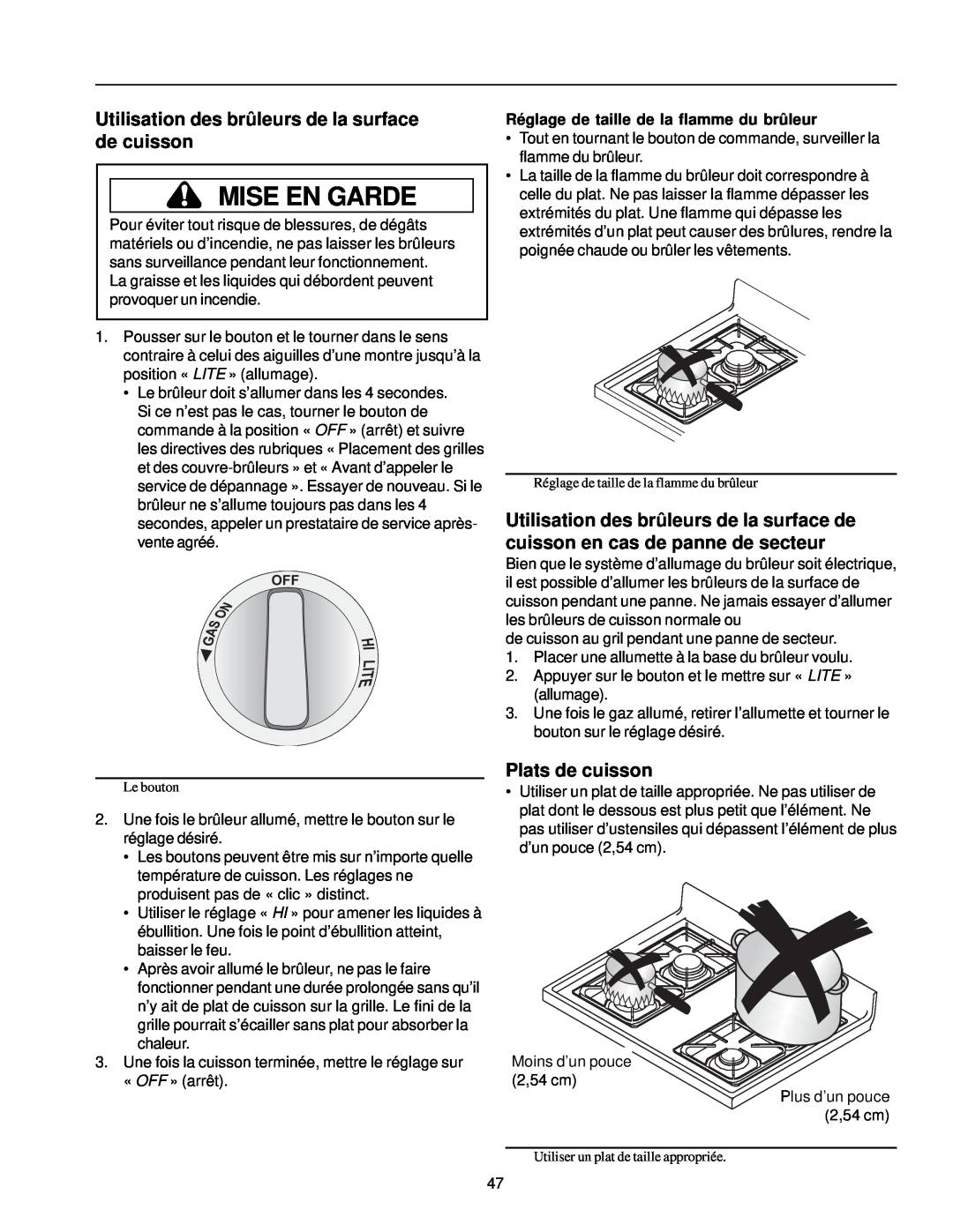 Amana ARG7302 manual Utilisation des brûleurs de la surface de cuisson, Plats de cuisson, Mise En Garde 