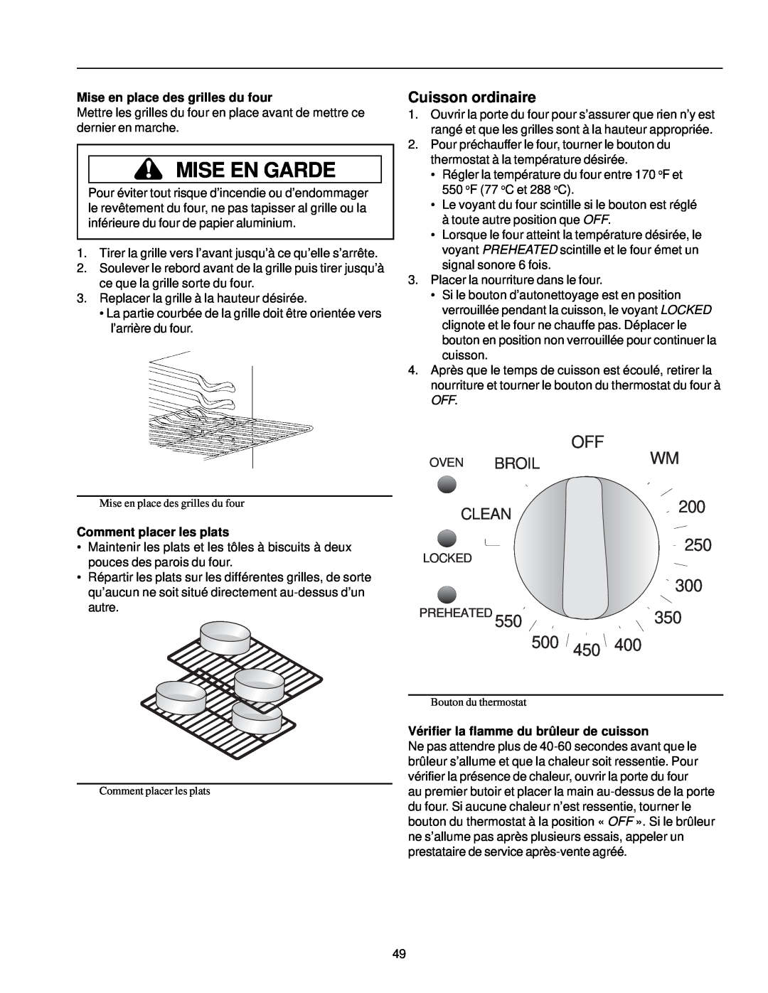 Amana ARG7302 Broil, Clean, Cuisson ordinaire, Mise en place des grilles du four, Comment placer les plats, Mise En Garde 