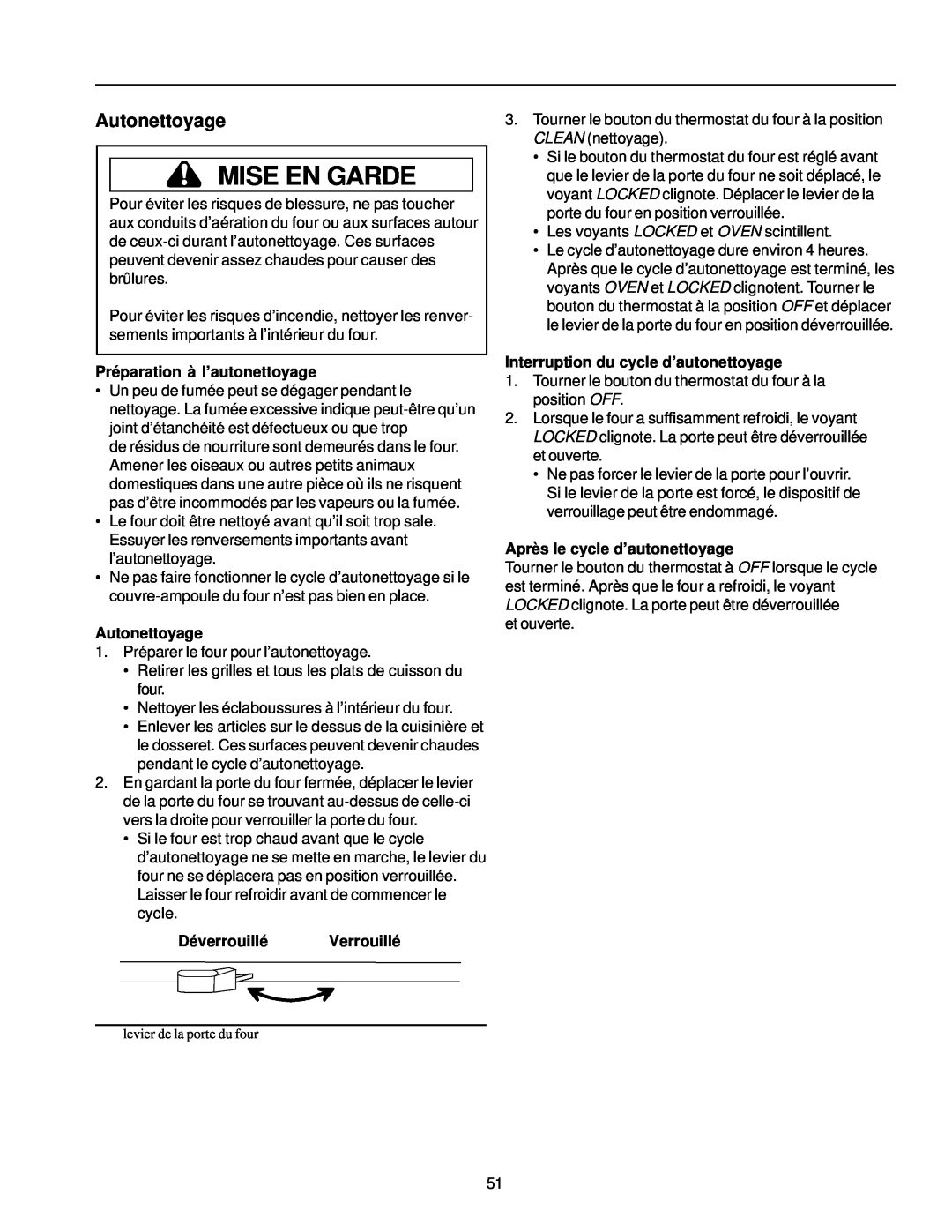 Amana ARG7302 Autonettoyage, Préparation à l’autonettoyage, Déverrouillé Verrouillé, Interruption du cycle d’autonettoyage 