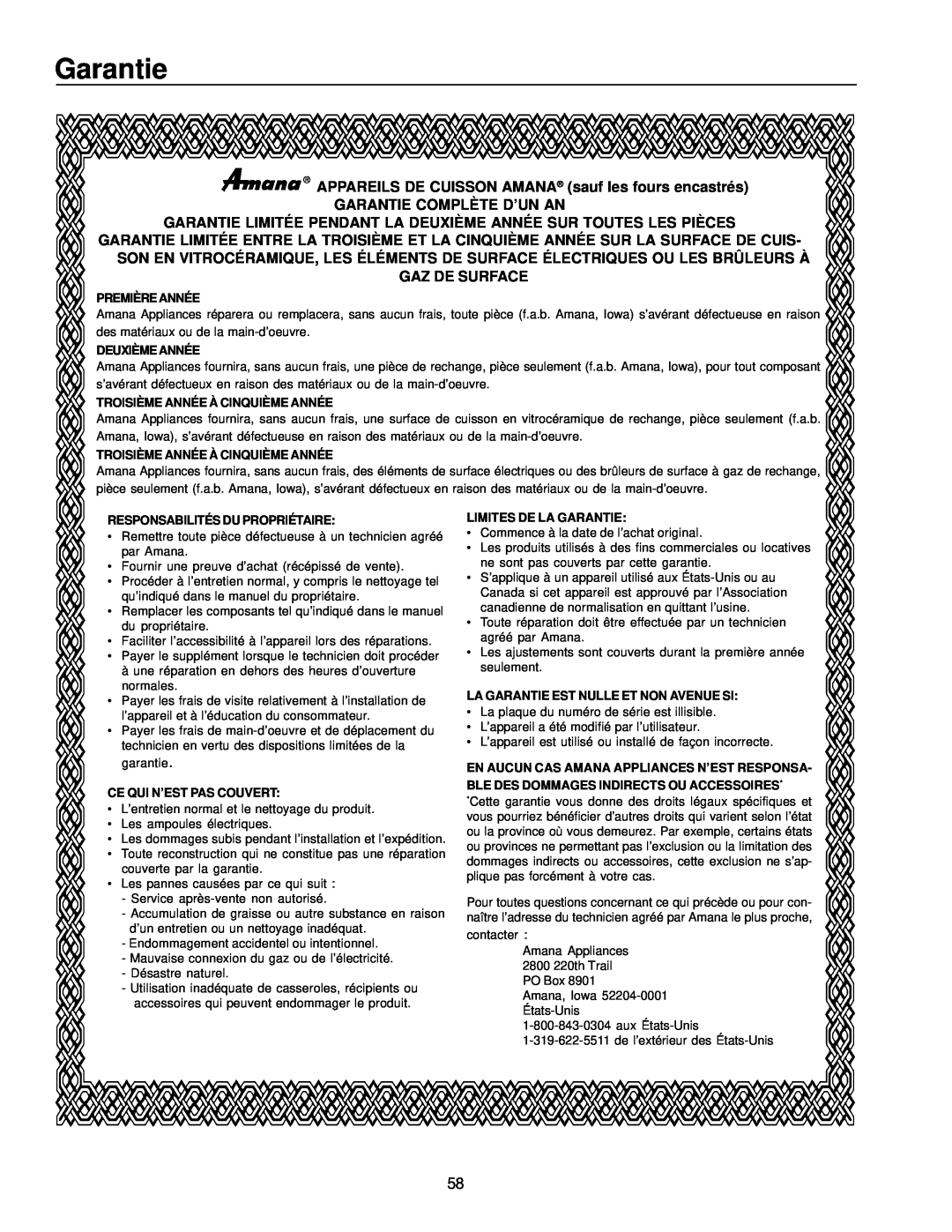Amana ARG7302 manual APPAREILS DE CUISSON AMANA sauf les fours encastrés, Garantie Complète D’Un An, Gaz De Surface 