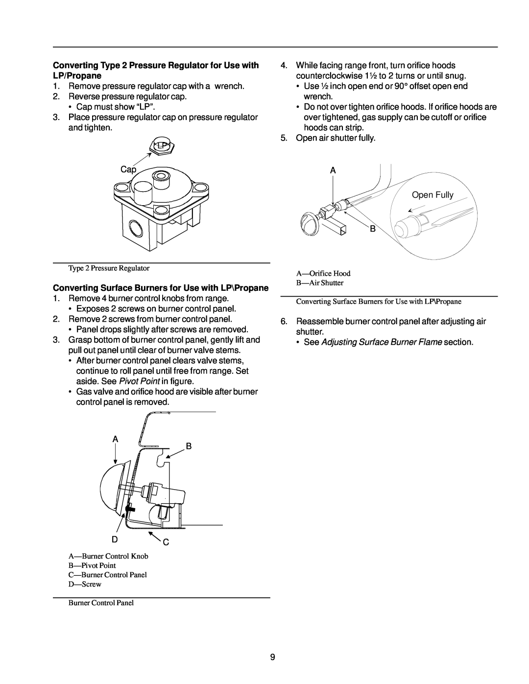 Amana ARG7302 Converting Type 2 Pressure Regulator for Use with LP/Propane, See Adjusting Surface Burner Flame section 