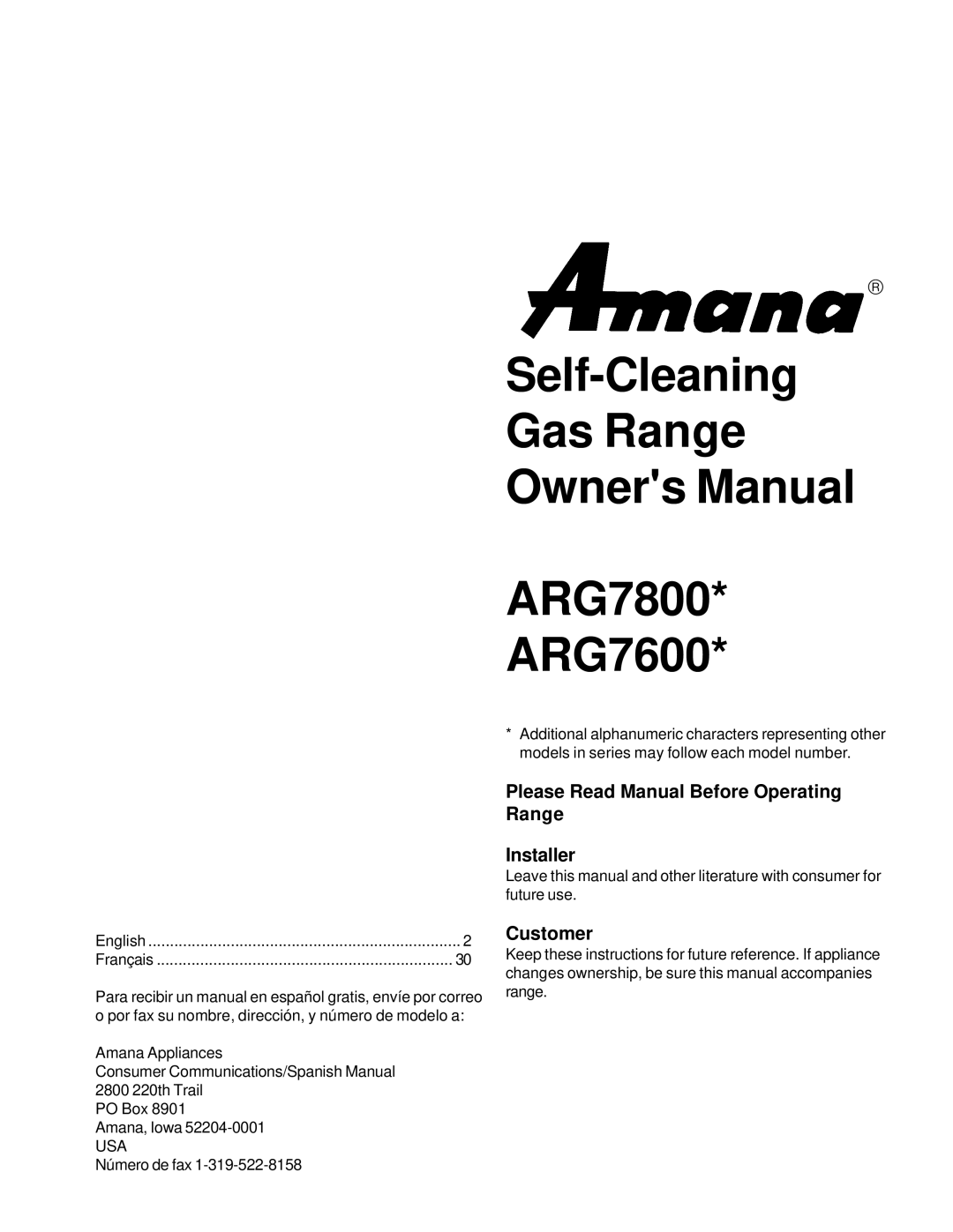 Amana ARG7800, ARG7600 owner manual Please Read Manual Before Operating Range Installer, Customer 