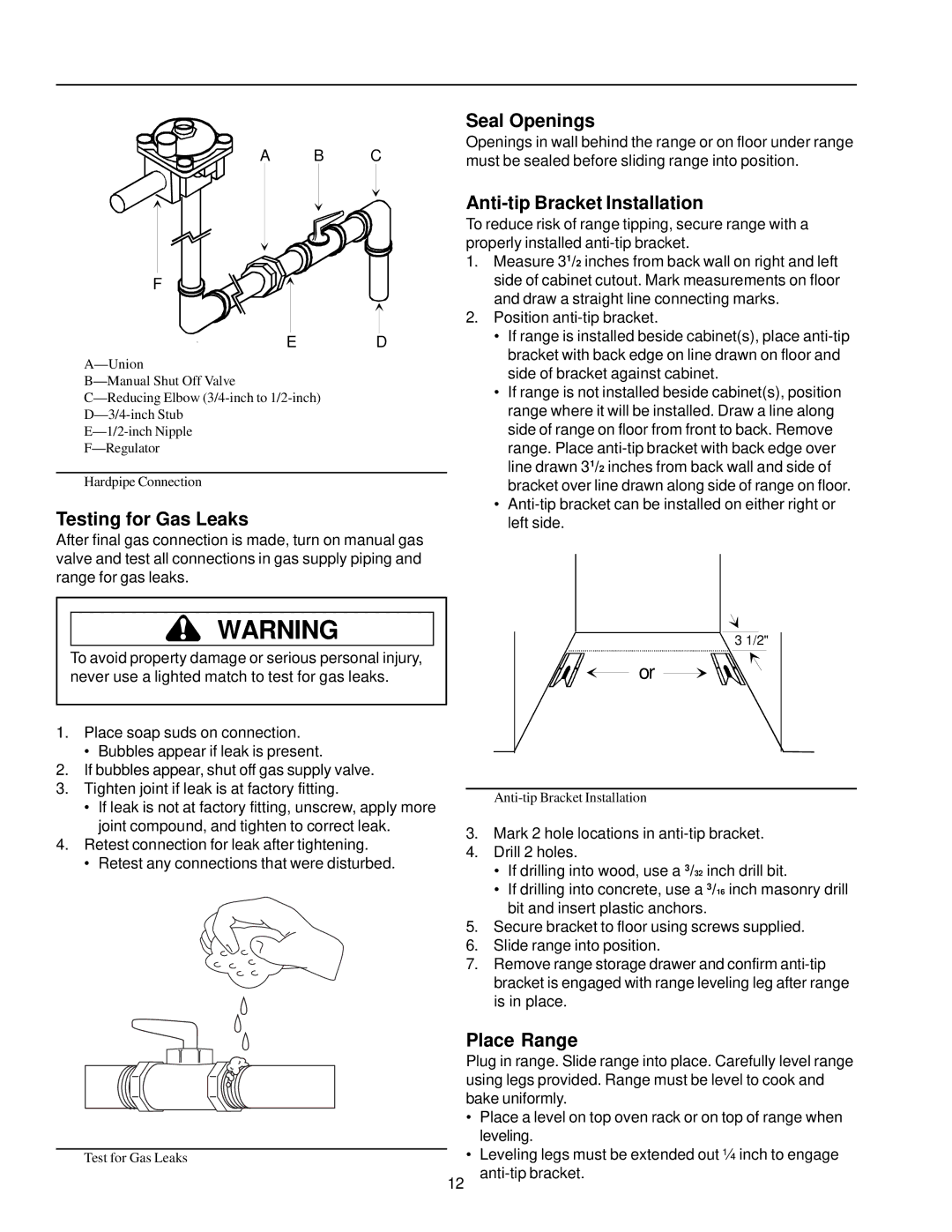 Amana ARG7600, ARG7800 owner manual Testing for Gas Leaks, Seal Openings, Anti-tip Bracket Installation, Place Range 