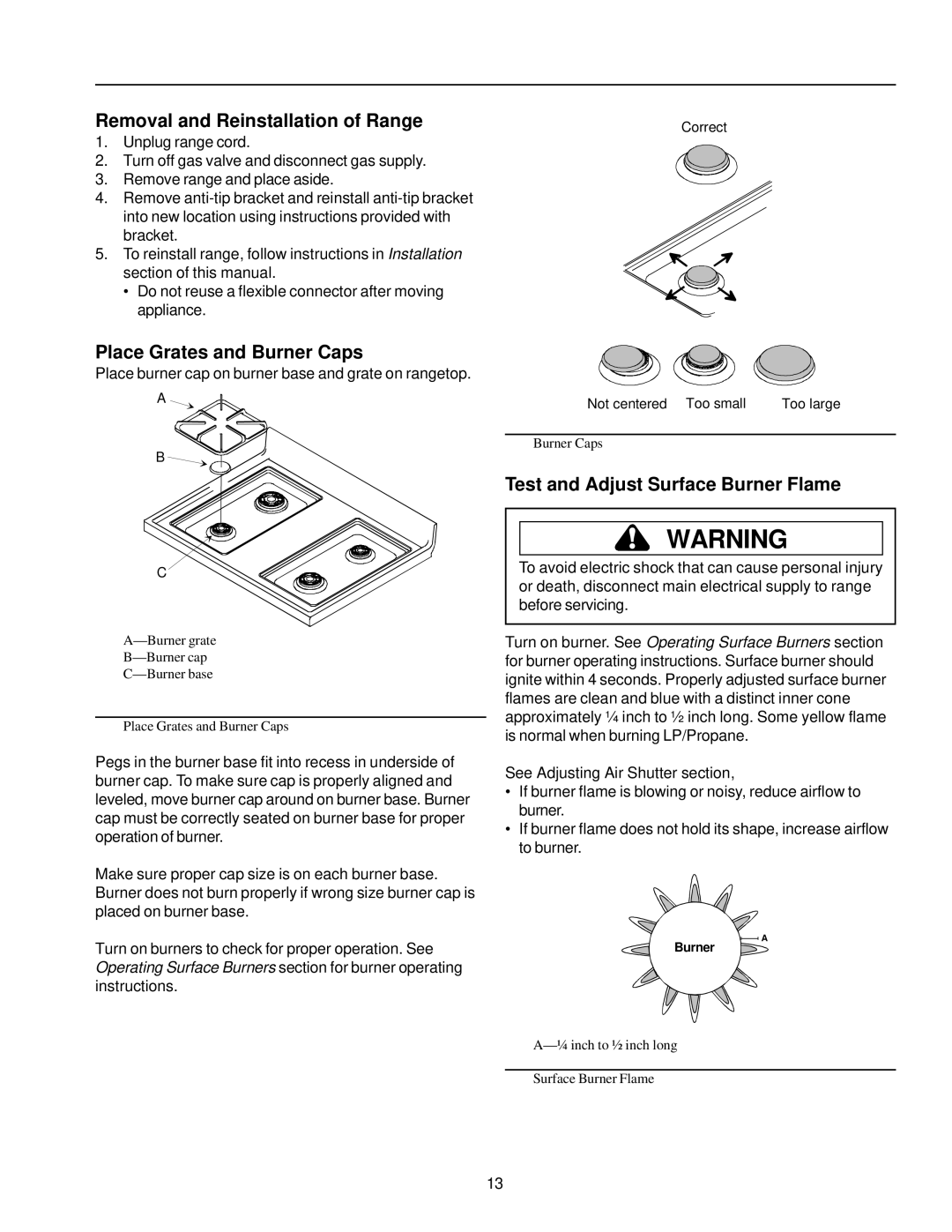 Amana ARG7800 Removal and Reinstallation of Range, Place Grates and Burner Caps, Test and Adjust Surface Burner Flame 