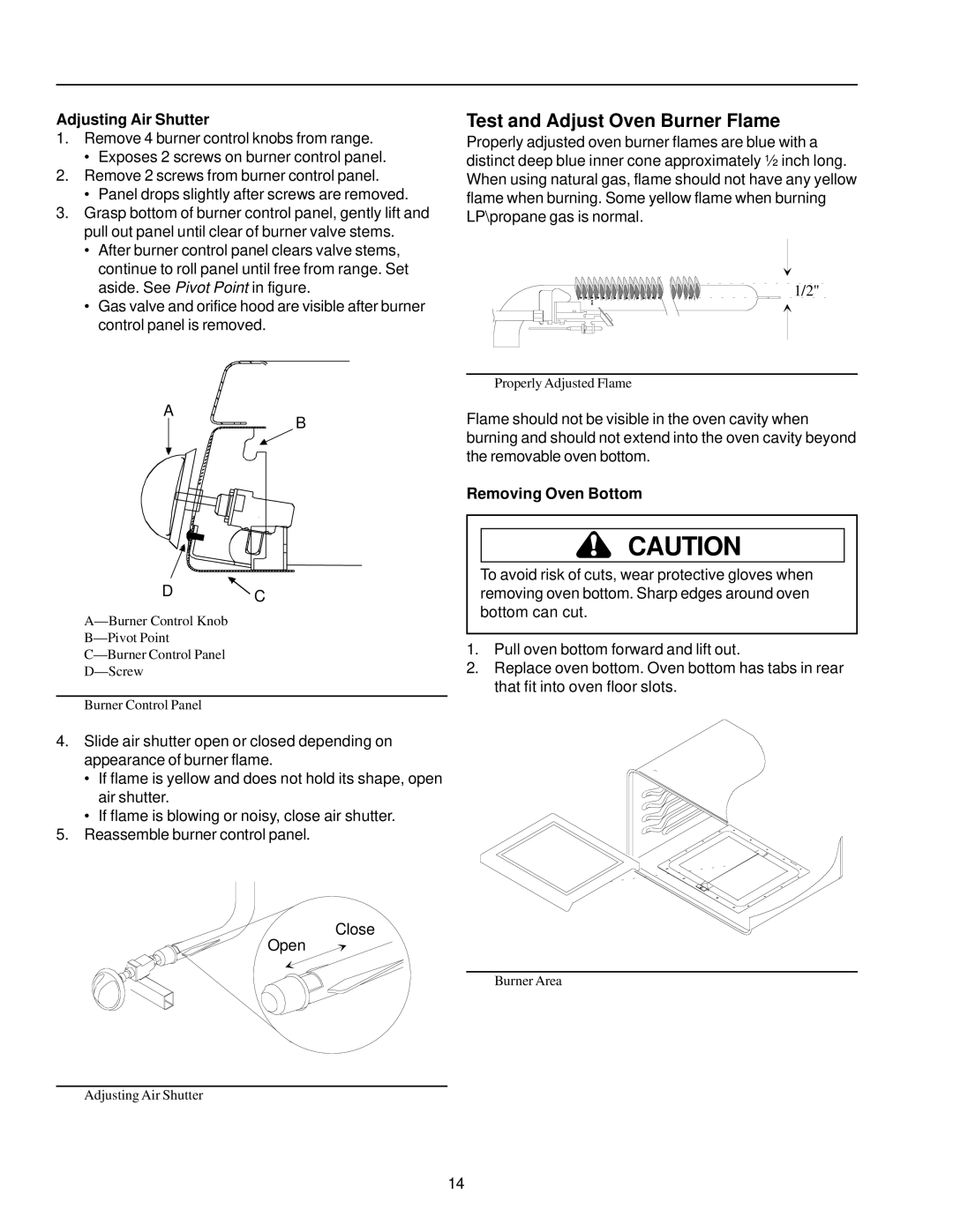 Amana ARG7600, ARG7800 owner manual Test and Adjust Oven Burner Flame, Adjusting Air Shutter, Removing Oven Bottom 