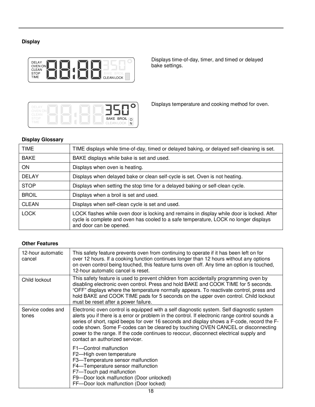 Amana ARG7600, ARG7800 owner manual Display Glossary, Other Features 