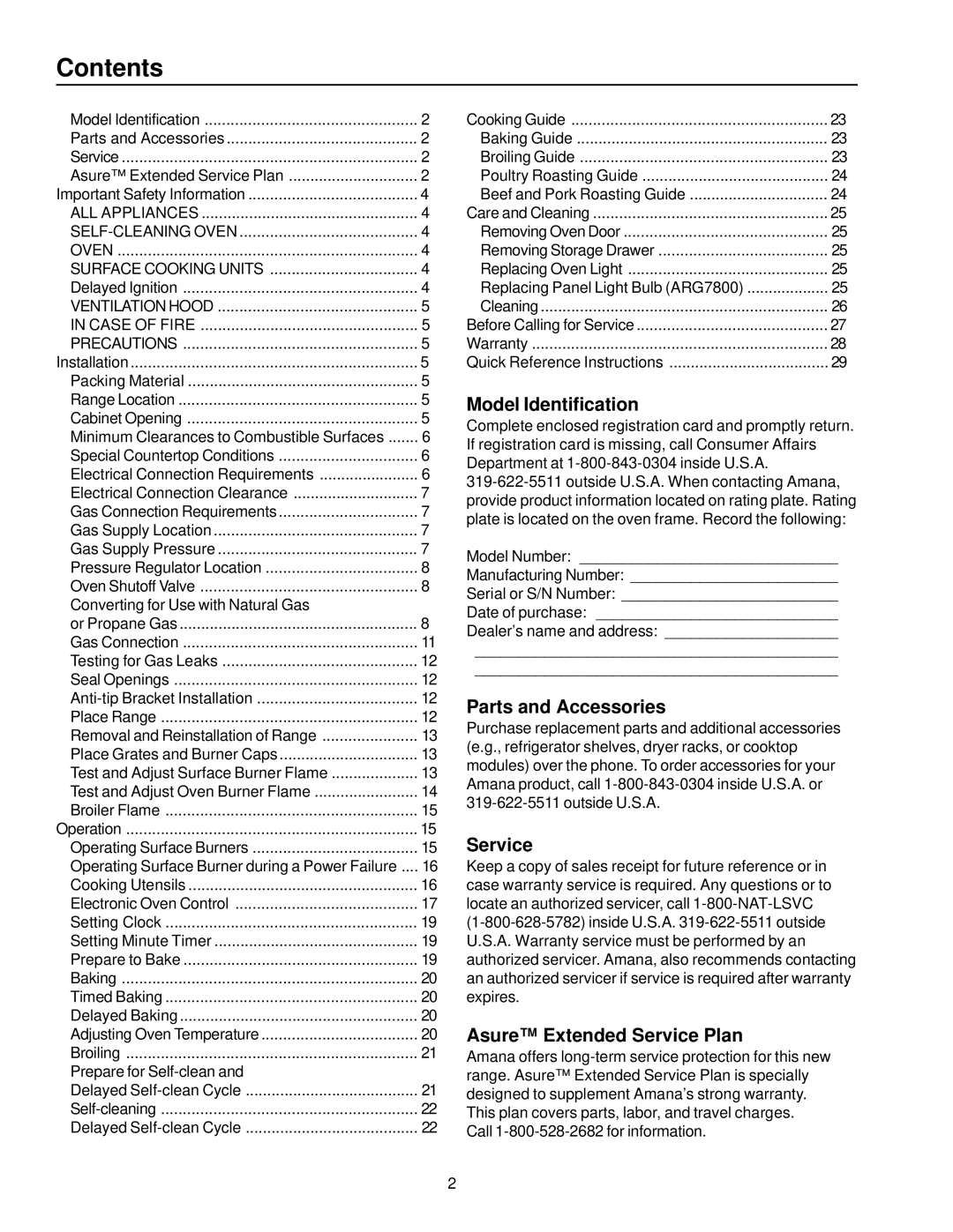 Amana ARG7600, ARG7800 owner manual Contents 