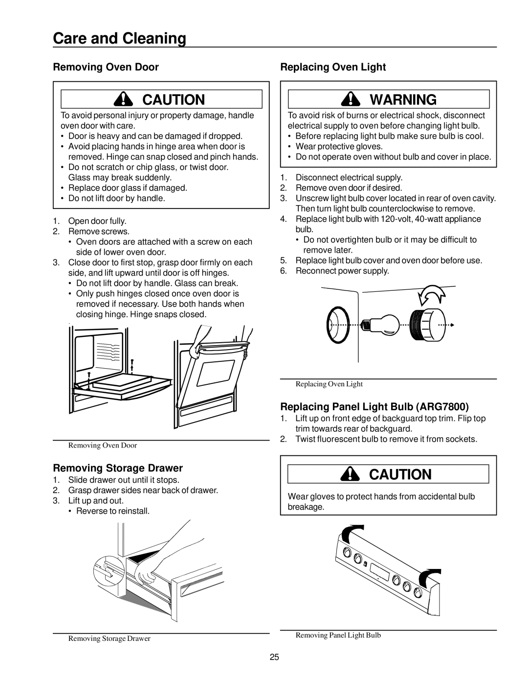 Amana ARG7600 Care and Cleaning, Removing Oven Door Replacing Oven Light, Replacing Panel Light Bulb ARG7800 