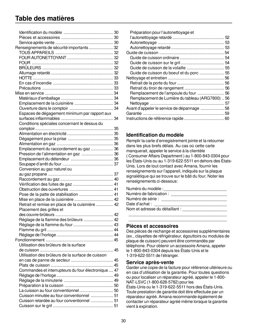 Amana ARG7600, ARG7800 owner manual Identification du modèle, Pièces et accessoires, Service après-vente 