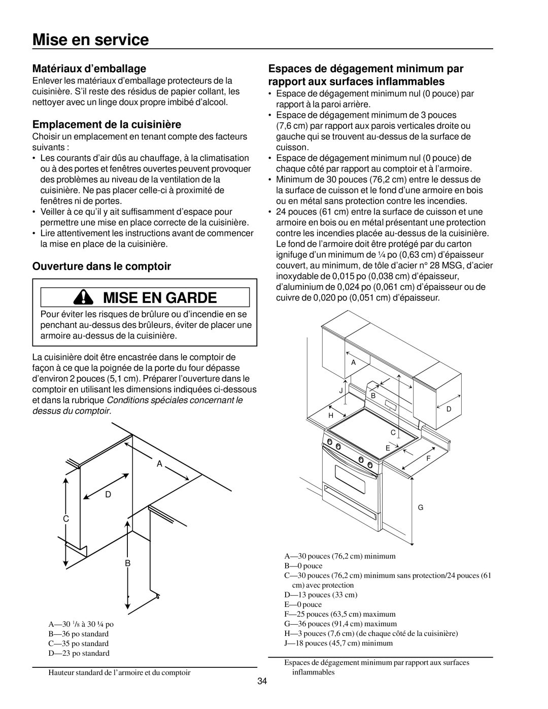 Amana ARG7600, ARG7800 Mise en service, Matériaux d’emballage, Emplacement de la cuisinière, Ouverture dans le comptoir 