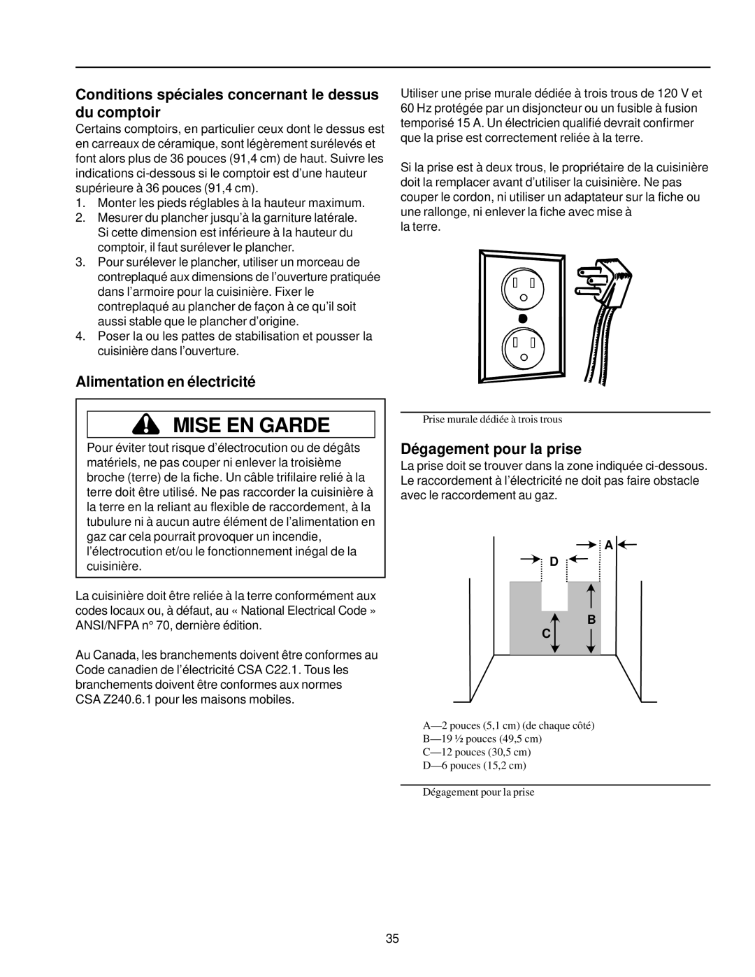 Amana ARG7800 Conditions spéciales concernant le dessus du comptoir, Alimentation en électricité, Dégagement pour la prise 