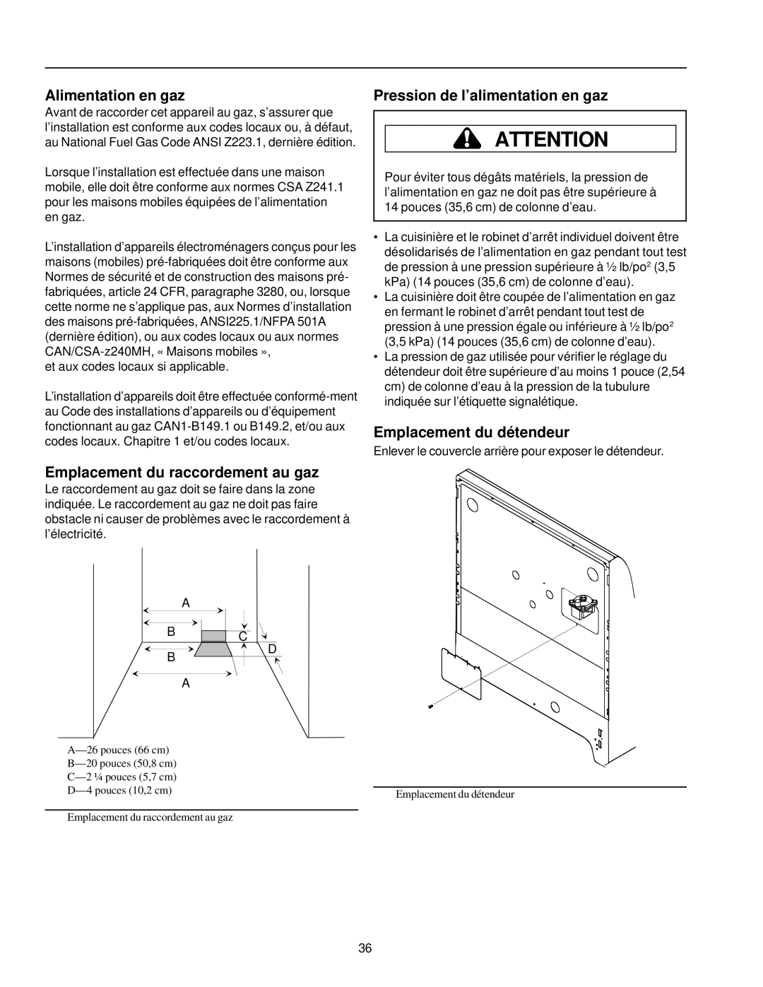 Amana ARG7600, ARG7800 owner manual Alimentation en gaz, Pression de l’alimentation en gaz, Emplacement du détendeur 