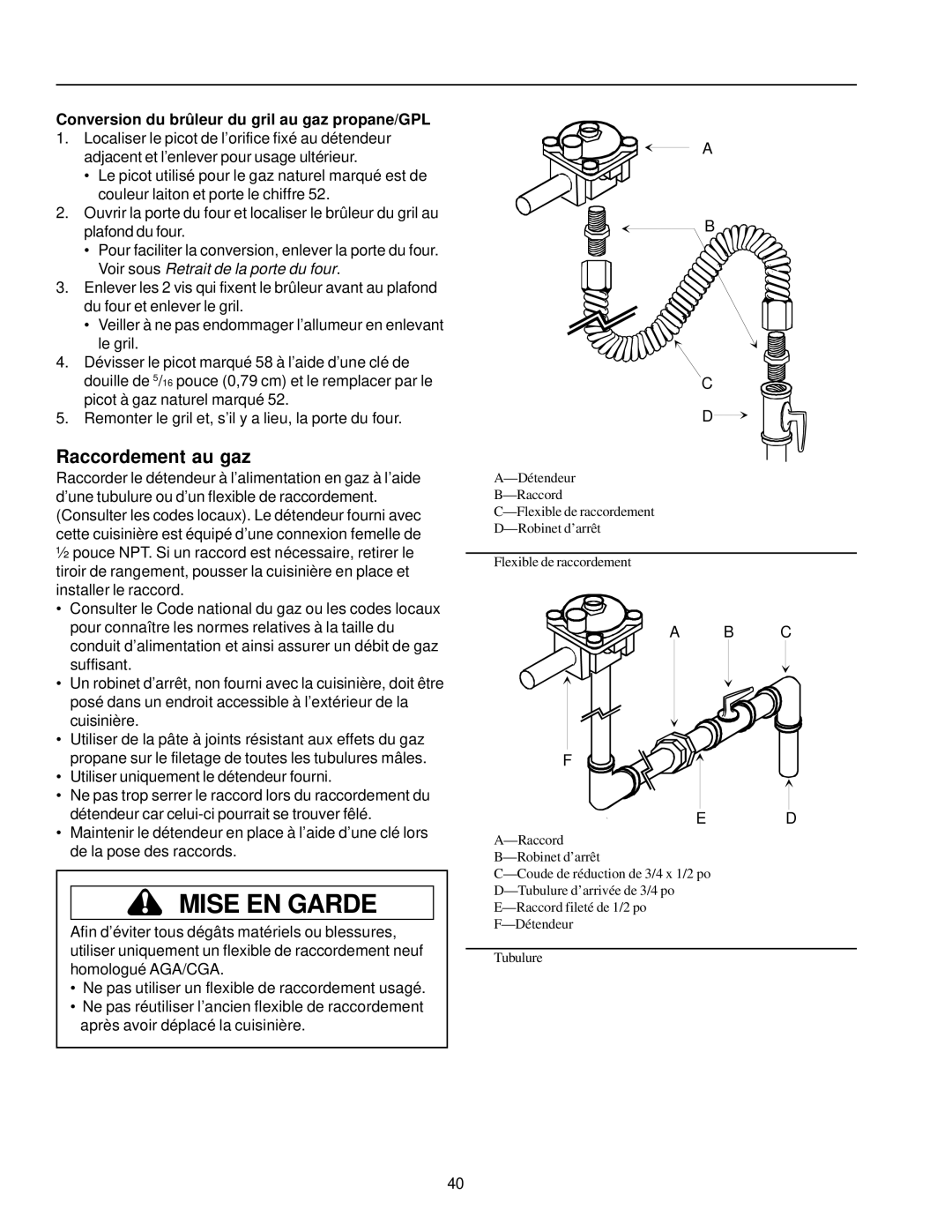 Amana ARG7600, ARG7800 owner manual Raccordement au gaz 