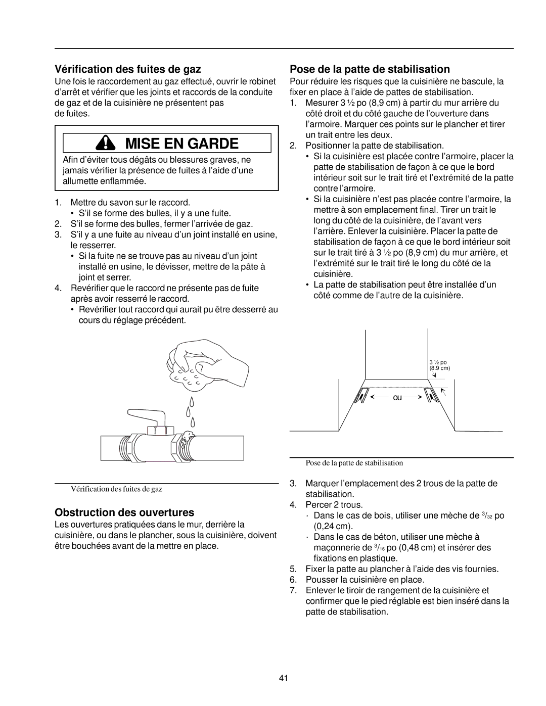 Amana ARG7800, ARG7600 Vérification des fuites de gaz, Pose de la patte de stabilisation, Obstruction des ouvertures 