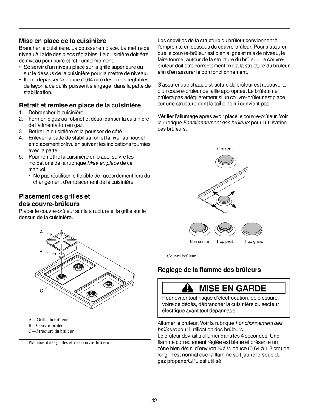 Amana ARG7600, ARG7800 owner manual Mise en place de la cuisinière, Retrait et remise en place de la cuisinière 