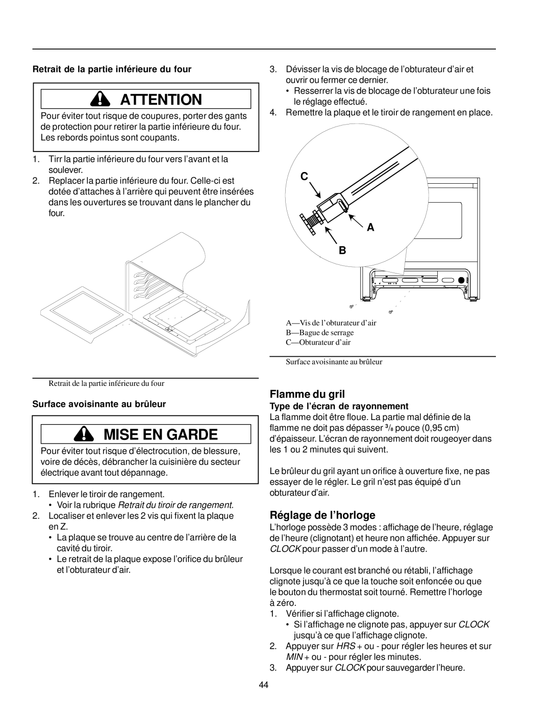 Amana ARG7600, ARG7800 owner manual Flamme du gril, Réglage de l’horloge, Retrait de la partie inférieure du four 