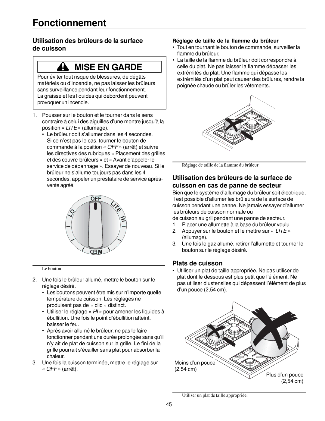 Amana ARG7800, ARG7600 owner manual Fonctionnement, Utilisation des brûleurs de la surface de cuisson, Plats de cuisson 