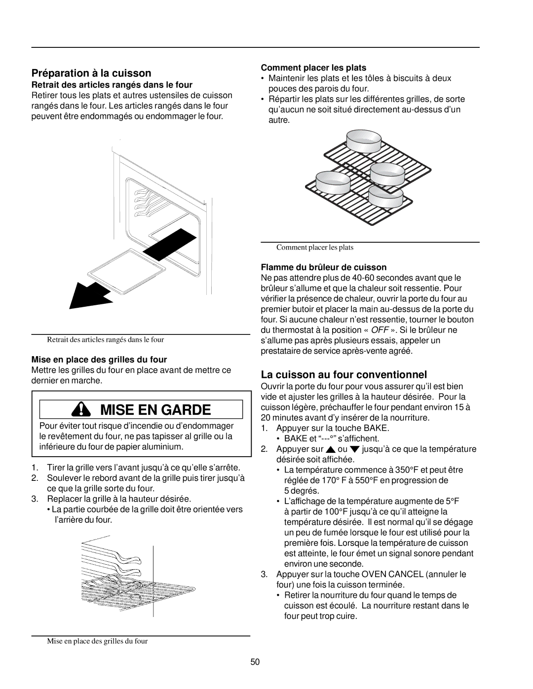 Amana ARG7600 Préparation à la cuisson, La cuisson au four conventionnel, Retrait des articles rangés dans le four 