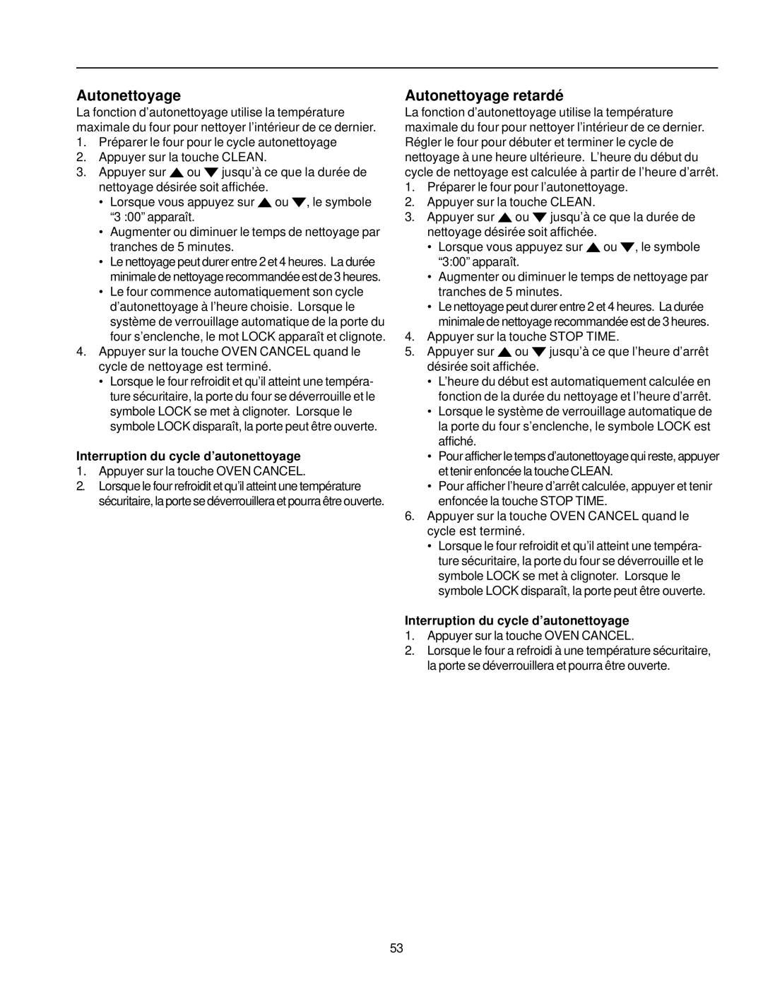 Amana ARG7800, ARG7600 owner manual Autonettoyage retardé, Interruption du cycle d’autonettoyage 