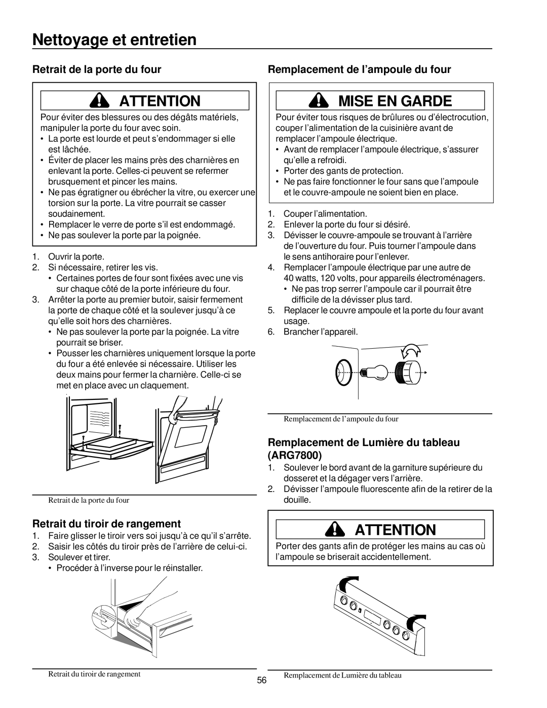 Amana ARG7600 Nettoyage et entretien, Remplacement de Lumière du tableau ARG7800, Retrait du tiroir de rangement 