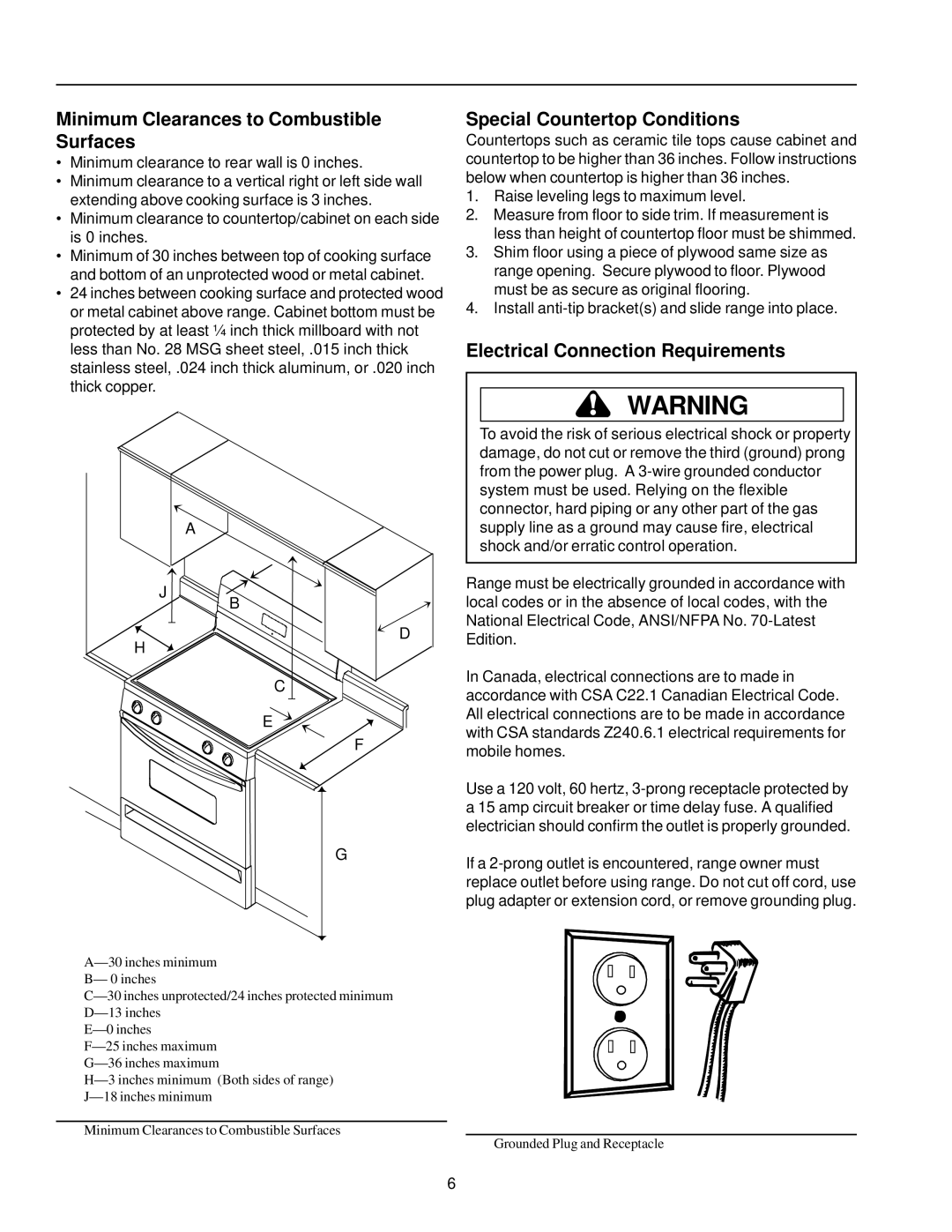 Amana ARG7600, ARG7800 owner manual Minimum Clearances to Combustible Surfaces, Special Countertop Conditions 