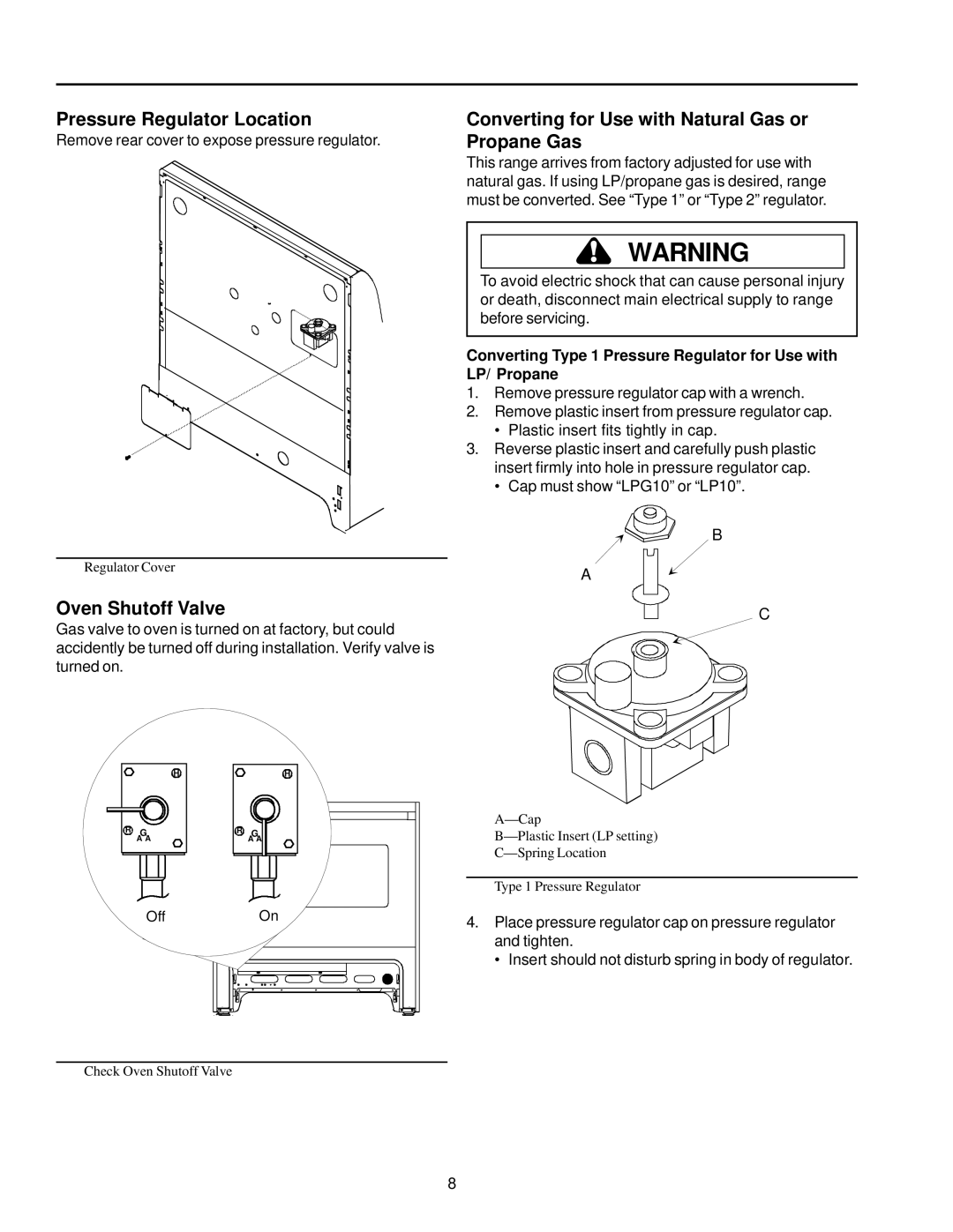 Amana ARG7600, ARG7800 Pressure Regulator Location, Oven Shutoff Valve, Converting for Use with Natural Gas or Propane Gas 