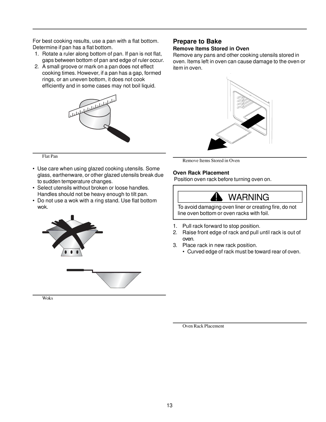 Amana ARR3400*, ARR3100*, ARR3601* owner manual Prepare to Bake, Remove Items Stored in Oven, Oven Rack Placement 