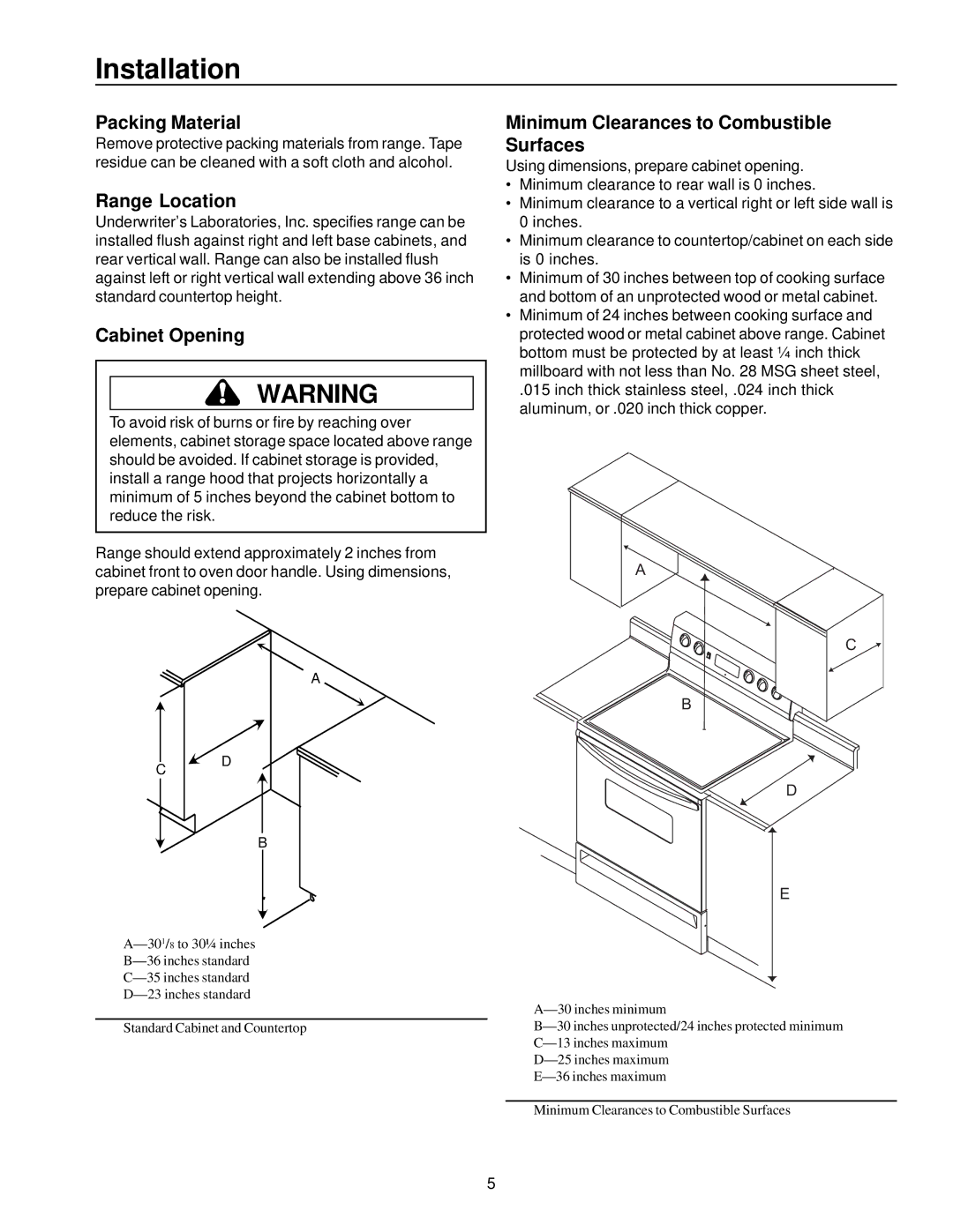 Amana ARR3601* Installation, Packing Material, Range Location, Cabinet Opening, Minimum Clearances to Combustible Surfaces 