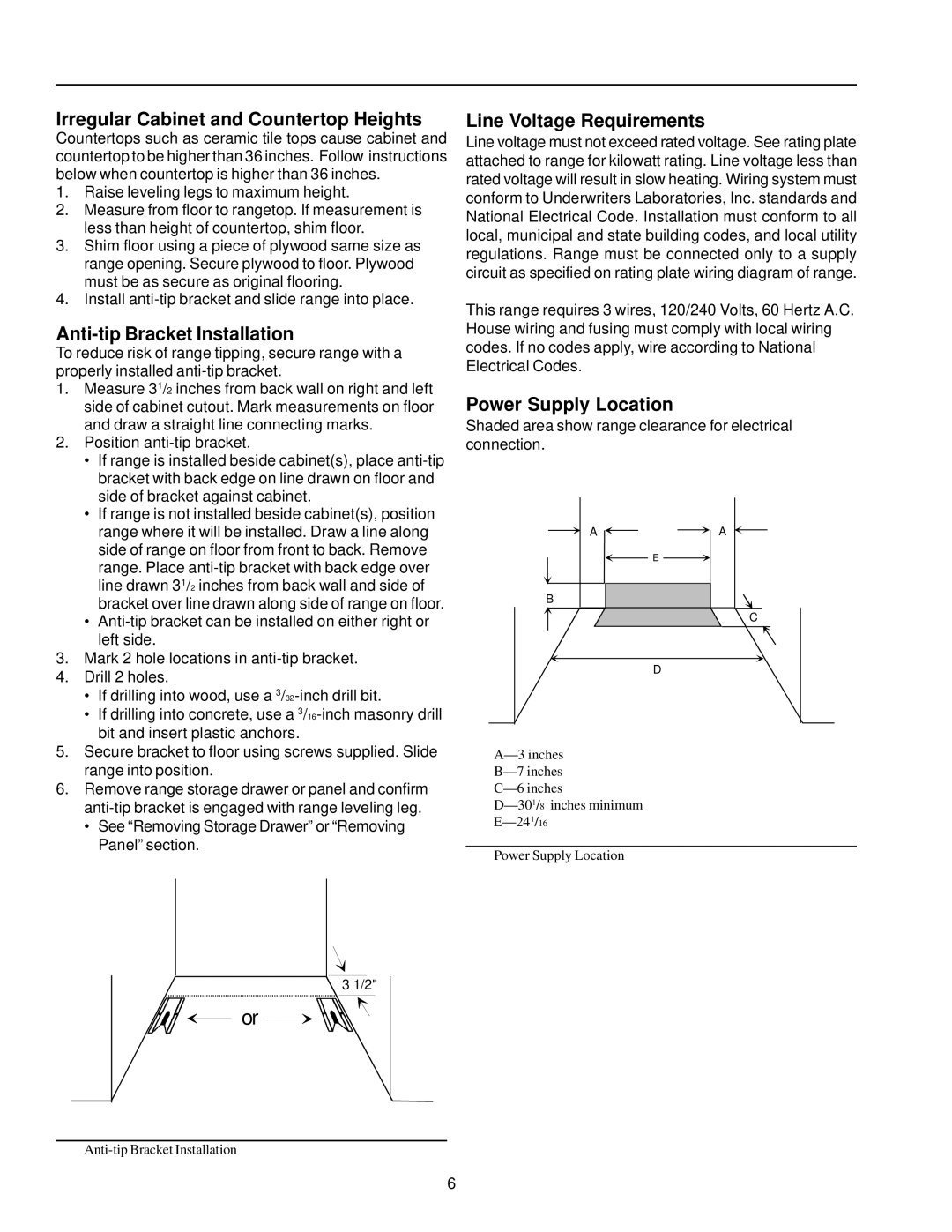 Amana ARR3100* Irregular Cabinet and Countertop Heights, Anti-tip Bracket Installation, Line Voltage Requirements 