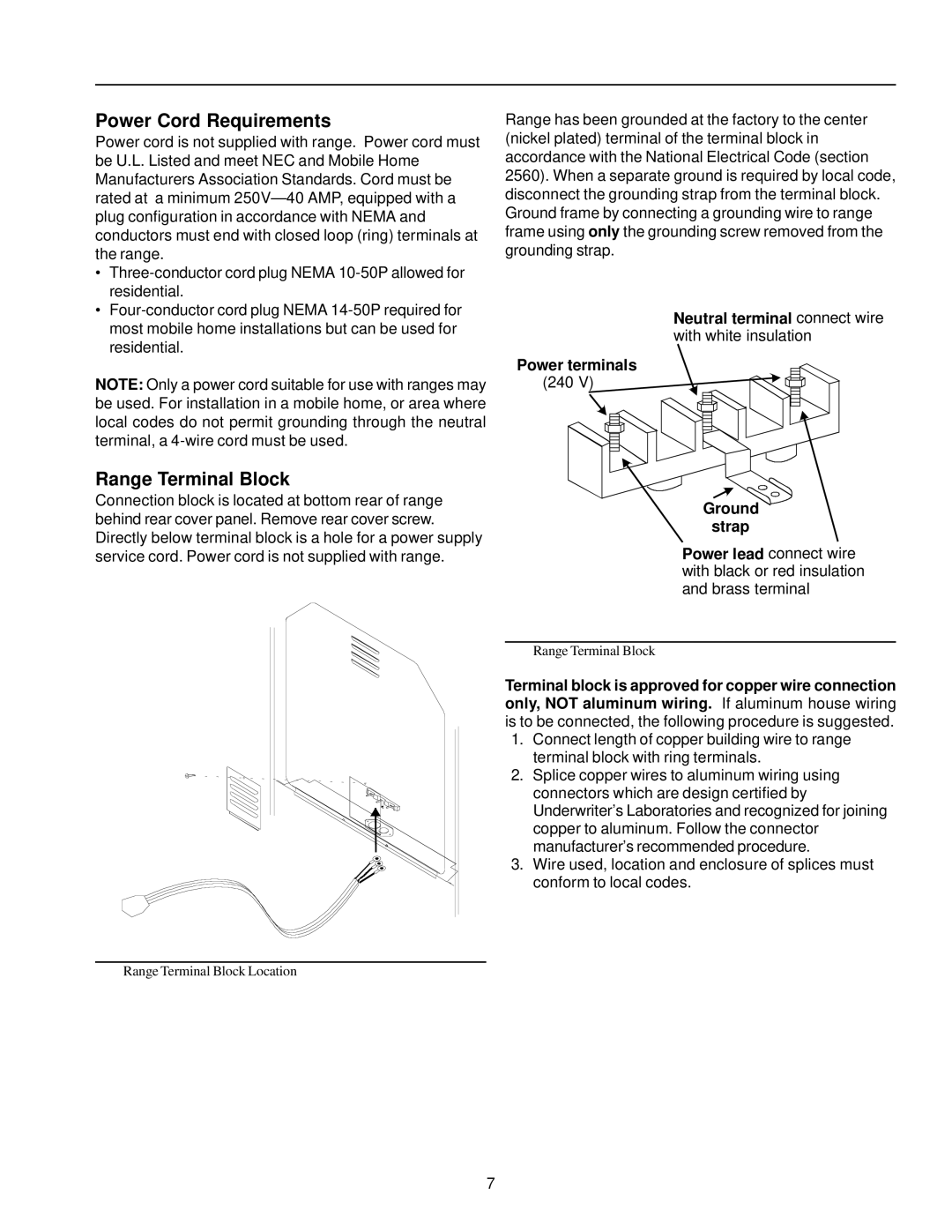 Amana ARR3400* Power Cord Requirements, Range Terminal Block, Neutral terminal connect wire, Power terminals, Ground strap 