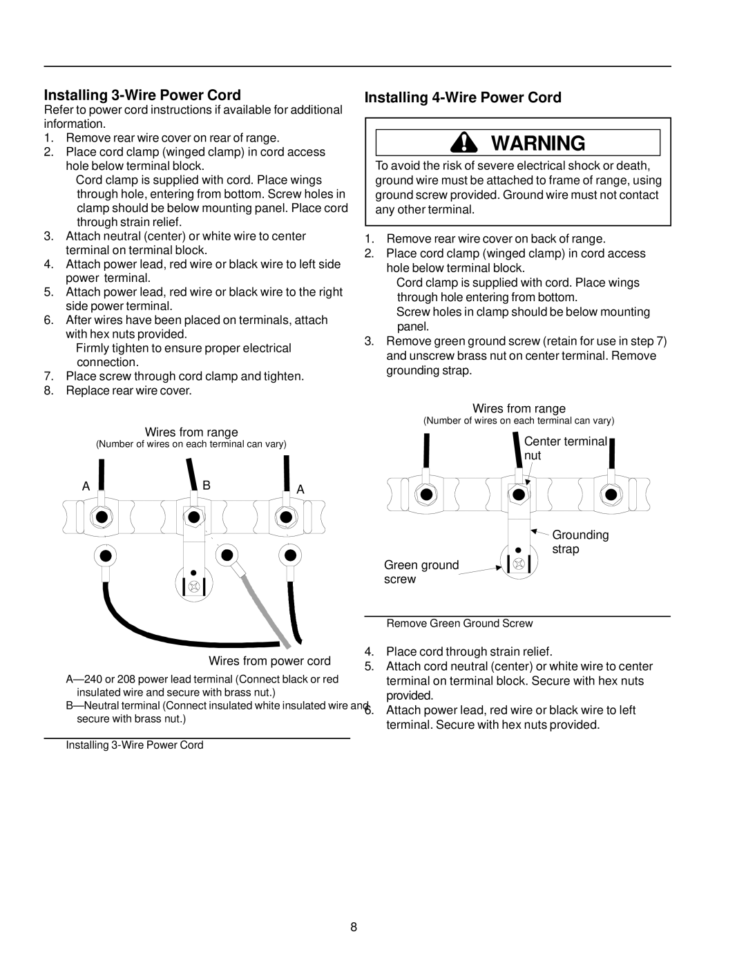 Amana ARR3601*, ARR3100*, ARR3400* owner manual Installing 3-Wire Power Cord, Installing 4-Wire Power Cord 