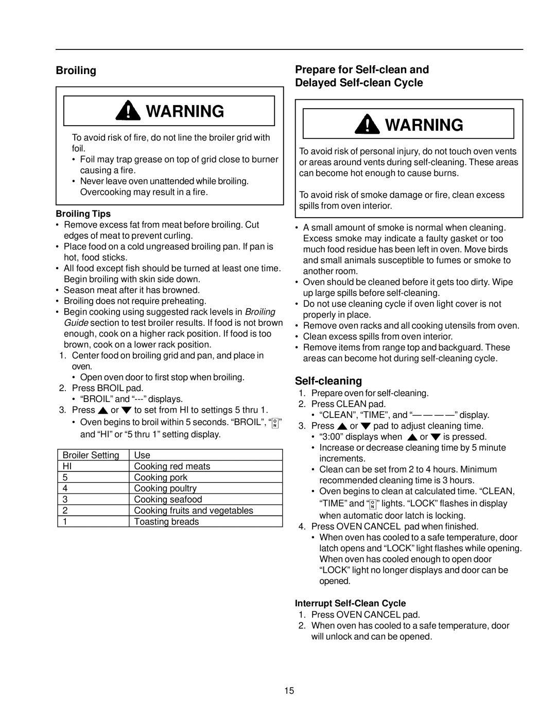 Amana ART6510, ARR6400, ART6610 Broiling Prepare for Self-clean Delayed Self-clean Cycle, Self-cleaning, Broiling Tips 