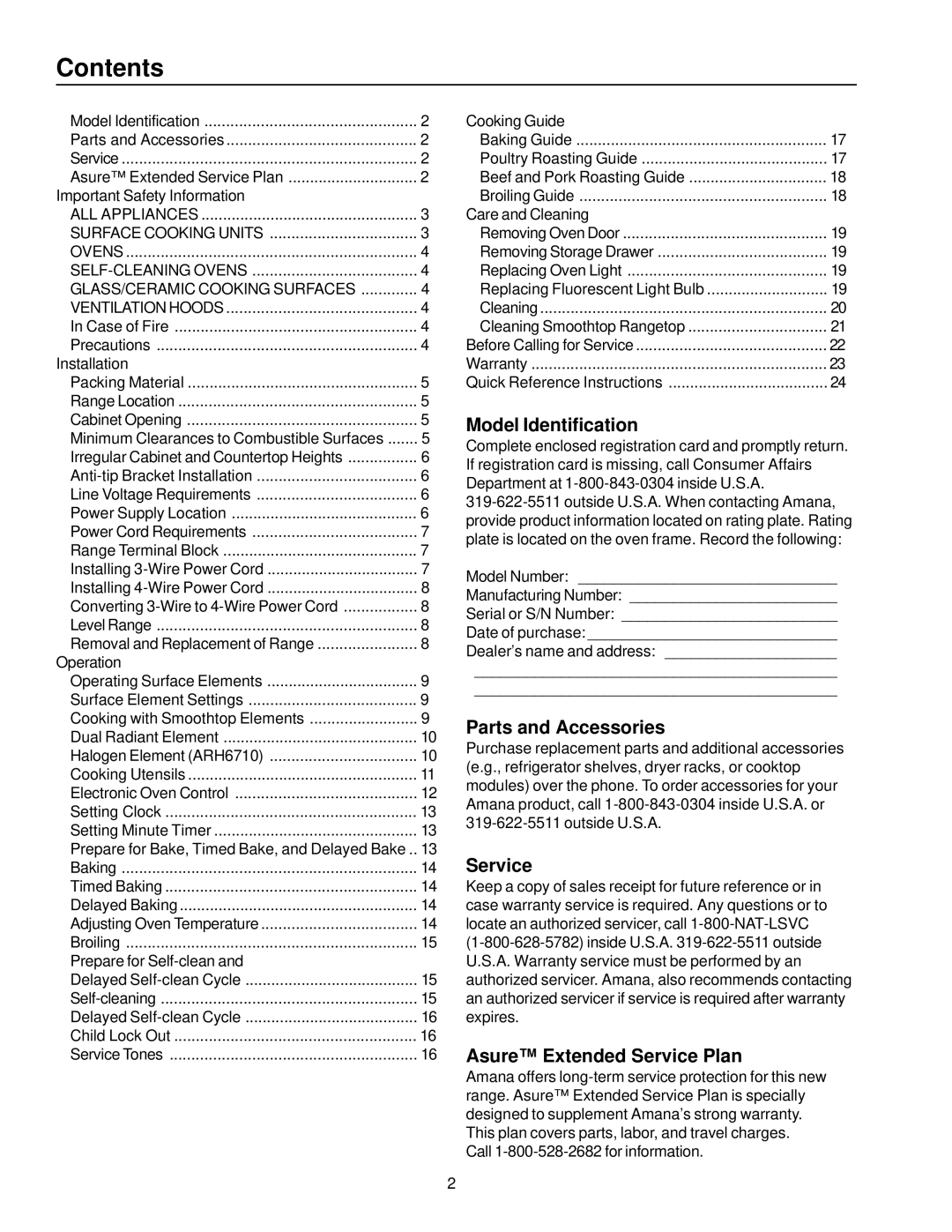 Amana ART6710, ARR6400, ART6610, ART6510 owner manual Contents 