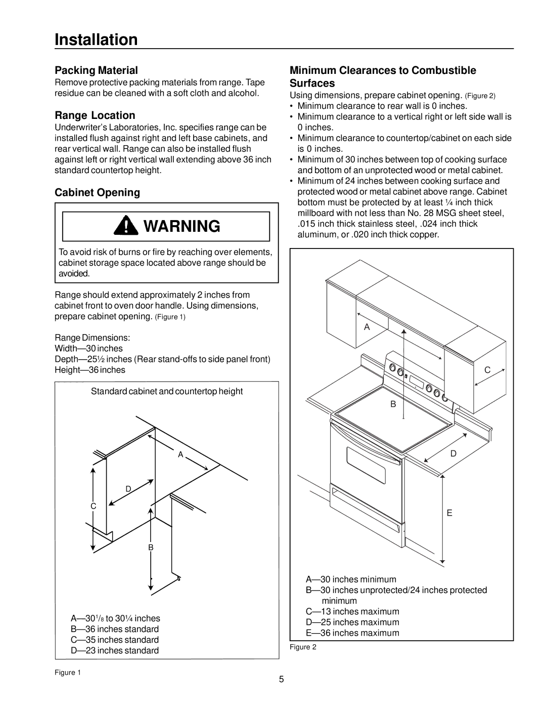 Amana ART6610 Installation, Packing Material, Range Location, Cabinet Opening, Minimum Clearances to Combustible Surfaces 