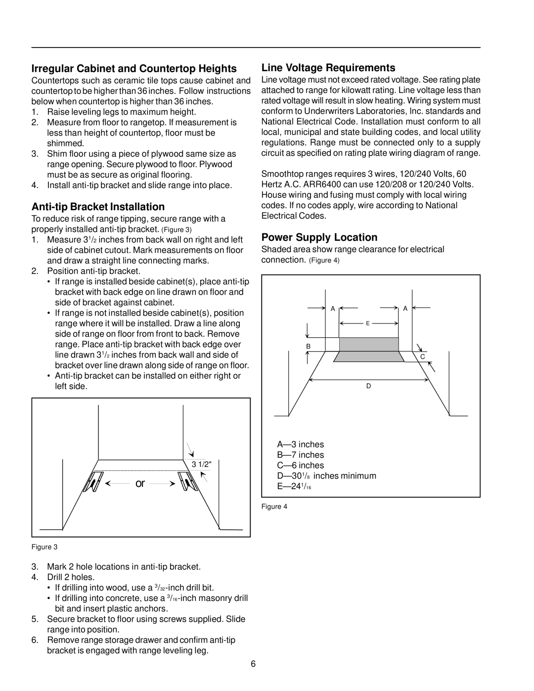 Amana ART6710, ARR6400 Irregular Cabinet and Countertop Heights, Anti-tip Bracket Installation, Line Voltage Requirements 