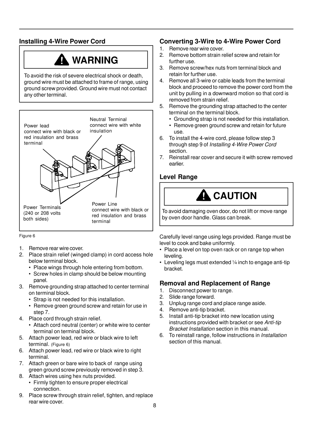 Amana ARR6400, ART6610, ART6710, ART6510 Installing 4-Wire Power Cord, Converting 3-Wire to 4-Wire Power Cord, Level Range 