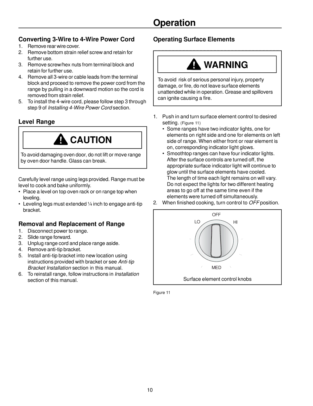 Amana ARR6400/ART6511 Operation, Converting 3-Wire to 4-Wire Power Cord, Level Range, Removal and Replacement of Range 