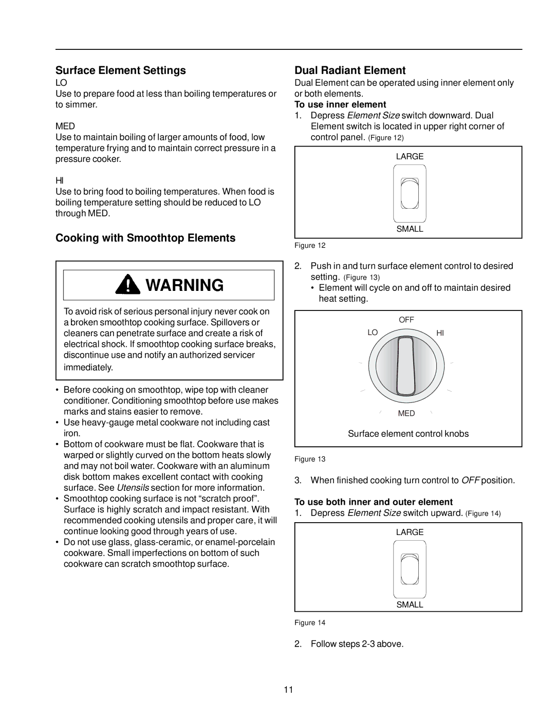 Amana ARR6400/ART6511 owner manual Surface Element Settings, Cooking with Smoothtop Elements, Dual Radiant Element 