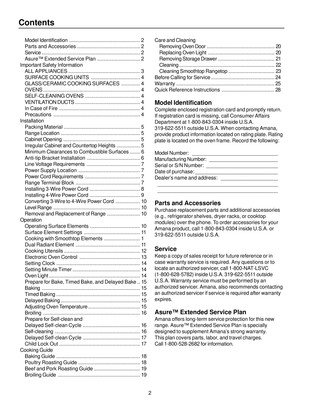 Amana ARR6400/ART6511 owner manual Contents 