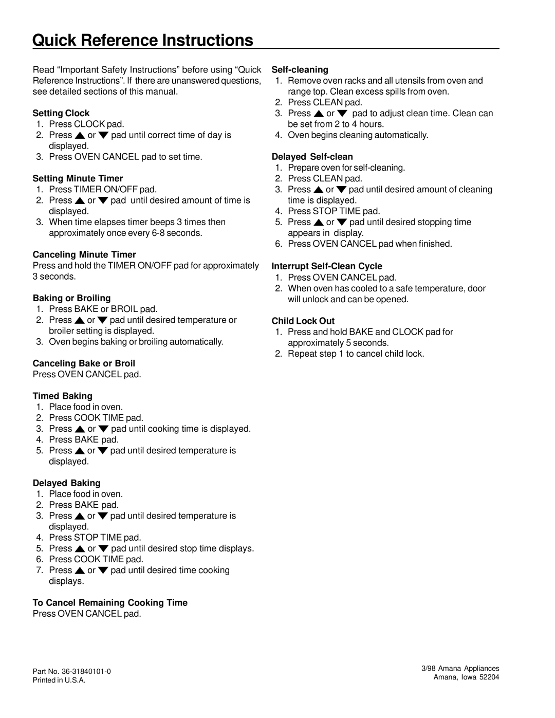 Amana ARR6400/ART6511 owner manual Quick Reference Instructions 