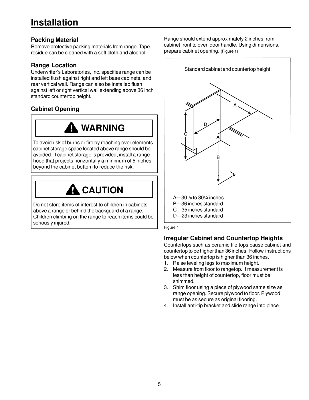 Amana ARR6400/ART6511 owner manual Installation, Packing Material, Range Location, Cabinet Opening 