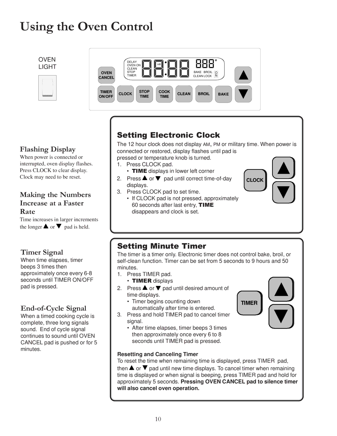 Amana ARR6420 Using the Oven Control, Flashing Display, Making the Numbers Increase at a Faster Rate, Setting Minute Timer 