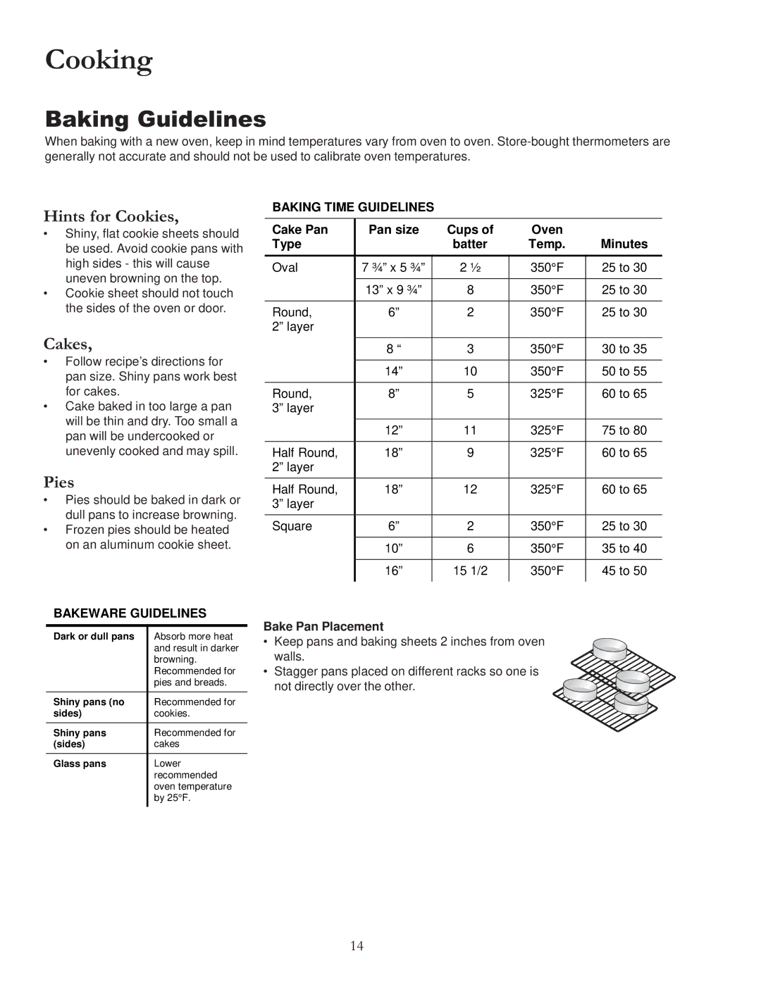 Amana ARR6420 owner manual Cooking, Baking Guidelines, Hints for Cookies, Cakes, Pies 